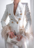 Women Spring White England Style V-neck Full Sleeves Solid Feathers Double Breasted Regular Blazer