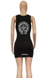 Women Summer Black Casual Strap Sleeveless Printed Mini Sheath Tank Dress