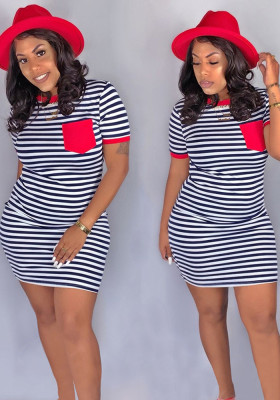 Women Summer Red Casual O-Neck Short Sleeves Striped Print Pockets Mini Sheath Shirt Dress