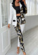 Women Spring Printed Formal Turn-down Collar Full Sleeves High Waist Printed Button Regular Open Stitch Two Piece Pants Set