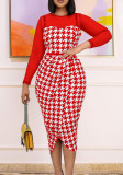 Women Summer Red Modest O-Neck Full Sleeves Plaid Print Midi Asymmetrical Office Dress