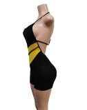 Women Summer Yellow Sporty Halter Sleeveless Color Blocking Above Knee Skinny Rompers