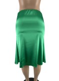 Women Summer Green Modest High Waist Elastic Waist Solid Satin Midi Trumpet Skirts