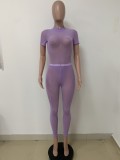 Women Summer Purple Sexy Turtleneck Short Sleeves High Waist Solid Skinny Two Piece Pants Set