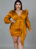 Women Spring Brown Modest V-neck Full Sleeves Solid Belted Midi Pencil Plus Size Long Dress