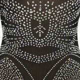 Women Spring Black Formal O-Neck Full Sleeves Mesh Diamonds Evening Dress