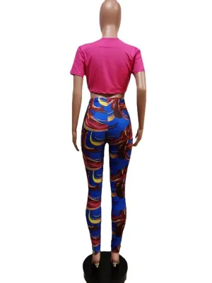 Women Summer Rose Modest V-neck Short Sleeves High Waist Printed Bow Skinny Two Piece Pants Set