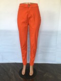 Women Spring Orange Pencil Pants High Waist Zipper Fly Solid Pockets Full Length Jeans Pants