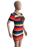 Women Summer Printed Streetwear O-Neck Short Sleeves Striped Print Sequined Mini Straight Shirt Dress