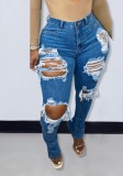 Women Spring Blue Pencil Pants High Waist Zipper Fly Solid Fringed Full Length Regular Jeans Pants