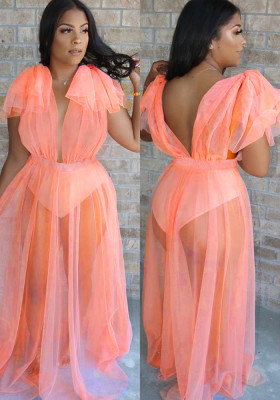 Women Summer Orange Sexy V-neck Short Sleeves Solid Cascading Ruffle Maxi Dress