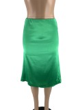 Women Summer Green Modest High Waist Elastic Waist Solid Satin Midi Trumpet Skirts
