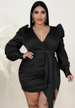 Women Spring Black Modest V-neck Full Sleeves Solid Belted Midi Pencil Plus Size Long Dress