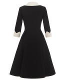 Women Spring Black Vintage Turn-down Collar Three Quarter Sleeves Patchwork Button Midi Skater Dress