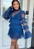 Women Summer Blue Sweet Turtleneck Full Sleeves High Waist Solid Cascading Ruffle Regular MiniTwo Piece Skirt Set