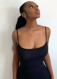 Women Summer Black Sexy Strap Sleeveless Solid Maxi Dress