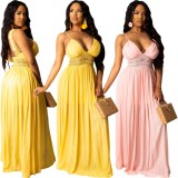Women Summer Yellow Modest Strap Sleeveless Patchwork Lace Maxi Dress