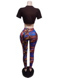 Women Summer Brown Modest V-neck Short Sleeves High Waist Printed Bow Skinny Two Piece Pants Set
