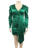 Women Spring Green Modest V-neck Full Sleeves Solid Belted Midi Pencil Plus Size Long Dress