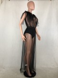 Women Summer Black Sexy V-neck Short Sleeves Solid Cascading Ruffle Maxi Dress