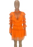 Women Summer Orange Sweet Turtleneck Full Sleeves High Waist Solid Cascading Ruffle Regular MiniTwo Piece Skirt Set