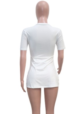Women Summer White Streetwear O-Neck Short Sleeves Letter Print Ripped Long T-Shirt