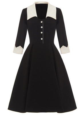 Women Spring Black Vintage Turn-down Collar Three Quarter Sleeves Patchwork Button Midi Skater Dress