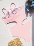 Women Pink Strap Solid Hollow Out One Piece Swimsuit