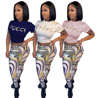 Women Summer Pink Casual O-Neck Short Sleeves High Waist Printed Regular Two Piece Pants Set