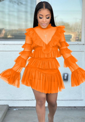 Women Summer Orange Sweet Turtleneck Full Sleeves High Waist Solid Cascading Ruffle Regular MiniTwo Piece Skirt Set