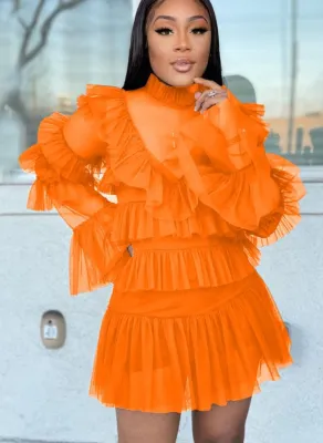 Women Summer Orange Sweet Turtleneck Full Sleeves High Waist Solid Cascading Ruffle Regular MiniTwo Piece Skirt Set