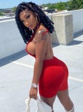 Women Summer Red Sexy Halter Sleeveless Solid Above Knee Regular Ribbed Rompers