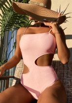 Women Pink Strap Solid Hollow Out One Piece Swimsuit