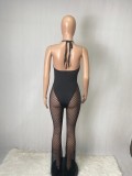 Women Summer Black Sexy Halter Sleeveless Patchwork Lace Hollow Out Full Length Regular Jumpsuit