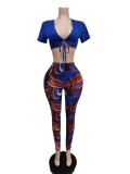Women Summer Blue Modest V-neck Short Sleeves High Waist Printed Bow Skinny Two Piece Pants Set