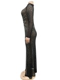 Women Spring Black Formal O-Neck Full Sleeves Mesh Diamonds Evening Dress