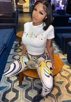 Women Summer White Casual O-Neck Short Sleeves High Waist Printed Regular Two Piece Pants Set
