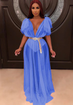 Women Summer Blue Sexy V-neck Short Sleeves Solid Cascading Ruffle Maxi Dress