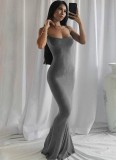 Women Summer Grey Sexy Strap Sleeveless Solid Maxi Dress