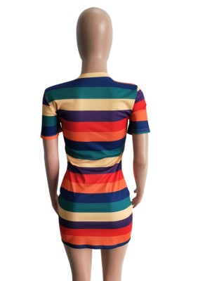 Women Summer Printed Streetwear O-Neck Short Sleeves Striped Print Sequined Mini Straight Shirt Dress