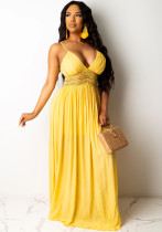 Women Summer Yellow Modest Strap Sleeveless Patchwork Lace Maxi Dress