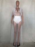 Women Summer White Sexy V-neck Short Sleeves Solid Cascading Ruffle Maxi Dress