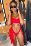 Women Red Halter Strap Solid Fringed One Piece Swimsuit