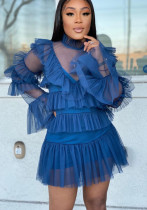 Women Summer Blue Sweet Turtleneck Full Sleeves High Waist Solid Cascading Ruffle Regular MiniTwo Piece Skirt Set