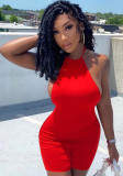 Women Summer Red Sexy Halter Sleeveless Solid Above Knee Regular Ribbed Rompers