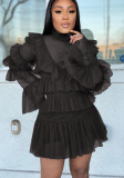 Women Summer Black Sweet Turtleneck Full Sleeves High Waist Solid Cascading Ruffle Regular MiniTwo Piece Skirt Set