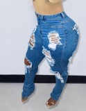 Women Spring Blue Pencil Pants High Waist Zipper Fly Solid Fringed Full Length Regular Jeans Pants