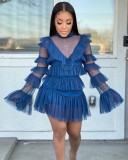 Women Summer Blue Sweet Turtleneck Full Sleeves High Waist Solid Cascading Ruffle Regular MiniTwo Piece Skirt Set