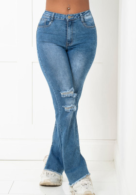 Women Spring Blue FLARE PANTS Mid Waist Zipper Fly Solid Fringed Full Length Regular Jeans Pants