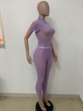 Women Summer Purple Sexy Turtleneck Short Sleeves High Waist Solid Skinny Two Piece Pants Set